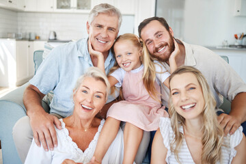 Photo, portrait and big family with smile in their house together in the living room. Happy elderly...