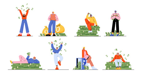 Rich people with money, happy men and women throw dollars in air, relaxing on pile of banknotes, sitting on open safe. Male and female characters with moneys bags, Linear flat vector illustration
