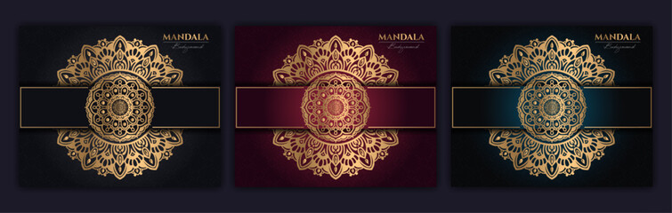 Set of abstract gold luxury mandala background vector template, Circular ornamental arabesque pattern for poster, cover, brochure, flyer. Red, green, blue background with ethnic floral mandala element