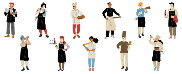 Restaurant staff, employees team chef, waiter, baker and barista diverse multiracial characters wear uniform with trays and meals isolated on white background, Cartoon linear flat vector illustration