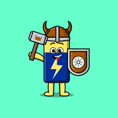 Cute cartoon character Battery viking pirate with hat and holding hammer and shield