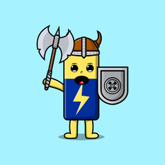 Cute cartoon character Battery viking pirate with hat and holding ax and shield 