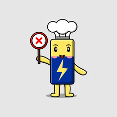 cute cartoon Battery chef holding wrong sign board in vector character illustration