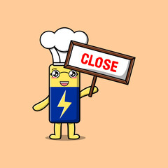 Cute cartoon BatteryCute cartoon Battery chef character holding close sign board designs in flat cartoon style character holding open sign board designs in concept flat cartoon style