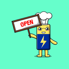 Cute cartoon Battery character holding open sign board designs in concept flat cartoon style