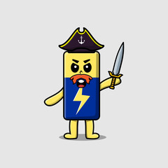 Cute cartoon mascot character Battery pirate with hat and holding sword in modern design