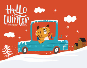 Obraz na płótnie Canvas Cute tiger driving a Car in winter, Sweet year of the tiger Illustration