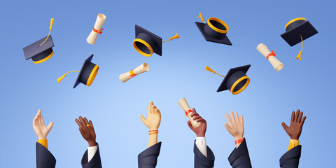 3d render alumni hands throw graduation caps and diploma in air. University ceremony end of education concept with students celebrate success with hats and certificates, Illustration in plastic style