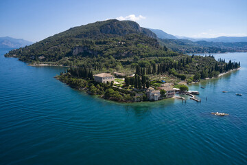 Fototapeta na wymiar Spiaggia Baia delle Sirene panorama aerial view. Landmarks on Lake Garda, Italy.