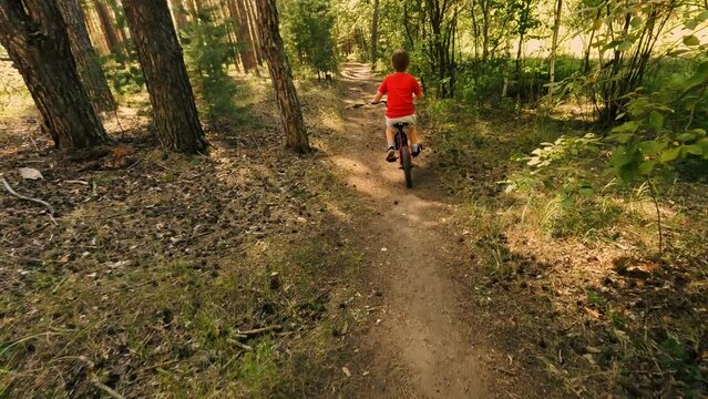 Active Male Kid Riding Mountain Sports Speed Bike On Forest Path Father Follow Son POV Shot