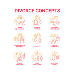 Divorce red gradient concept icons set. Reasons of couple breakup. Partners separation idea thin line color illustrations. Isolated outline drawings