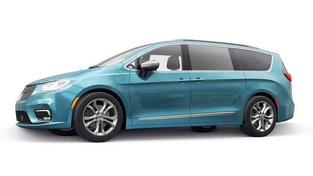 Dallas, USA. October 18, 2022. Chrysler Pacifica 2022. Big blue modern family minivan. 3d rendering