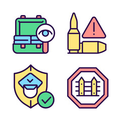 Checkpoint examination RGB color icons set. Border security. Weapon illegal moving prevention. Isolated raster illustrations. Simple filled line drawings collection