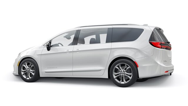 Dallas, USA. October 18, 2022. Chrysler Pacifica 2022. Big white modern family minivan. 3d rendering