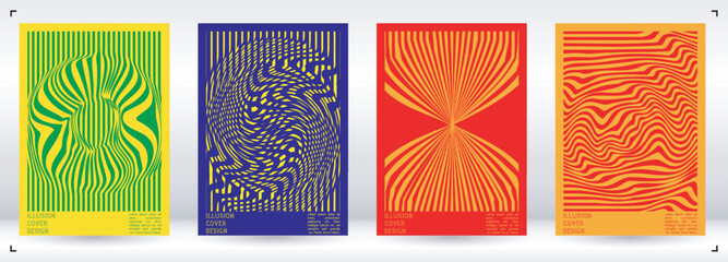 Geometrical Poster Design with Optical Illusion Effect. Modern Psychedelic Cover Page Collection. Colourful Wave Lines Background. Fluid Stripes Art. Swiss Design. Vector Illustration for Brochure.