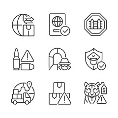 International trading linear icons set. Customs officer. Smuggling tunnel. Customizable thin line contour symbols. Isolated raster outline illustrations