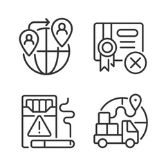 Contraband linear icons set. People smuggling. Cigarettes illegal trading. Customizable thin line contour symbols. Isolated raster outline illustrations