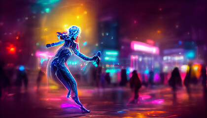 a dancing girl in the night, ice-skating on an icerink, frozen lake, winter, colorful city lights