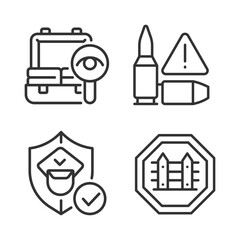 Checkpoint examination linear icons set. Border security. Weapon moving prevention. Customizable thin line contour symbols. Isolated raster outline illustrations