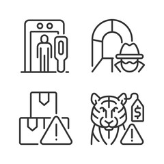 Smugglers activities prevention linear icons set. Smuggling tunnel. Border security. Customizable thin line contour symbols. Isolated raster outline illustrations