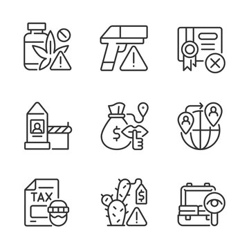 Illicit import and its prevention linear icons set. Weapon trade. Goods smuggling. Customizable thin line contour symbols. Isolated raster outline illustrations