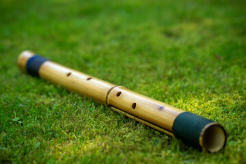 A bamboo flute is lying on the green grass. A musical wind instrument for relaxation. A pipe made...