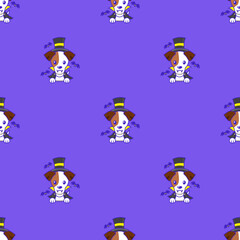 Cartoon jack russell terrier dog with halloween costume seamless pattern background for design.