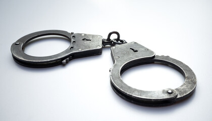 Large metal handcuffs on white isolate. White background with police handcuffs.A means to detain a criminal. Arrest of the suspect.Criminal actions. Detention.