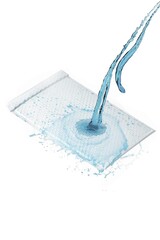 Close-up shot of water pouring down on white bubble envelope for mailing cosmetics and beauty products. The bubble-lined envelope is isolated on a white background. Top view.