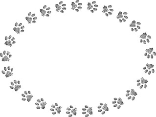 Oval frame with cat or dog paw foot print. Template for greeting or invitation card. PNG