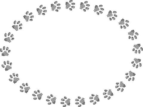 Oval frame with cat or dog paw foot print. Template for greeting or invitation card. PNG