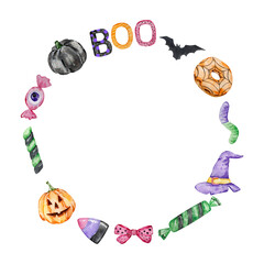 Watercolor Halloween wreath of spooky sweets and pumpkins