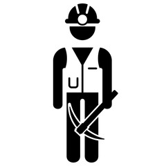 Worker, miner helmet and pickaxe icon. People and occupations pictogram, Flat design vector.