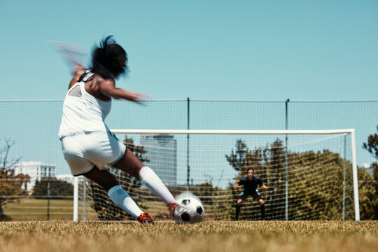 Woman, Score And Net For Goal In Soccer, Training And Sports On Field For Fitness, Health And Exercise. Girl, Football And Kick, Aim And Workout On Grass For Sport In Summer, Sunshine And Game