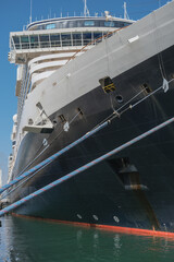 Naklejka premium HAL cruiseship or cruise ship liner Nieuw Amsterdam at San Diego terminal for Mexican Riviera cruising with downtown skyline blue sky sunny day 
