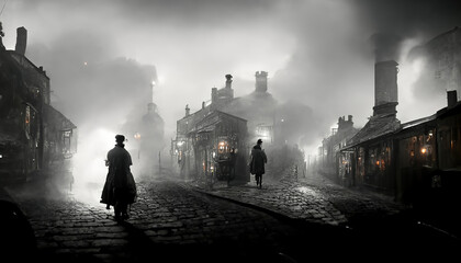 AI generated image of Victorian London on a moody evening with gas-lights, fog and cobble-stone streets 