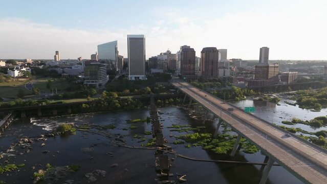 Bird's eye view of Interstate 95 highway on James River into downtown Richmond, Virginia