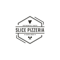 Vintage Retro Badge Emblem Pizza Slice, Pizzeria Restaurant Bar Bistro Logo Design Linear Style