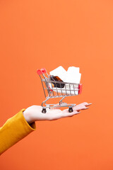 Purchasing Concepts. Female Woman Hand Holding Mockup Small Tiny Shopping Cart Trolley With Bunch...