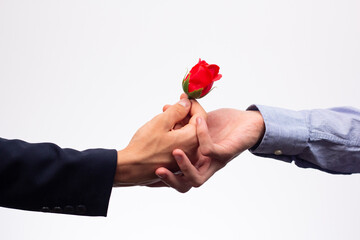 A man's hand in a jacket holds out a rose to another man's hand