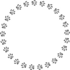 Round frame with cat or dog paw foot print. Template for greeting or invitation card. PNG