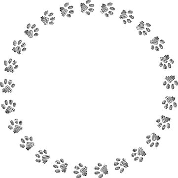 Round frame with cat or dog paw foot print. Template for greeting or invitation card. PNG
