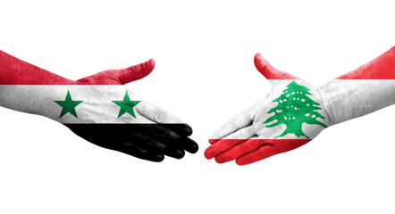 Handshake between Lebanon and Syria flags painted on hands, isolated transparent image.
