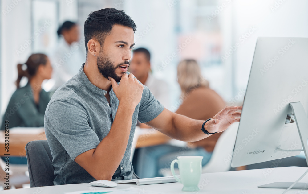 Aufkleber Startup, office and man at desk with computer working on creative project for marketing or advertising business. Businessman, graphic designer or software developer working on digital transformation.