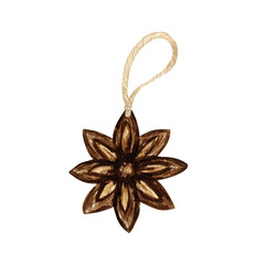 Christmas Boho Star wooden decoration with bow, Watercolor illustration on transparent background PNG. New Year Christmas tree eco friendly decor
