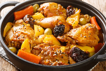 Gallo en chicha is a rooster cooked in a fermented corn drink with vegetable and spices closeup on the pan on the wooden table. Horizontal