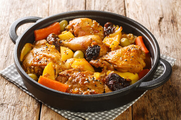 Salvadoran chicken stew with chicha, prunes, carrots, potatoes, olives and onions close-up in a frying pan on a wooden table. Horizontal