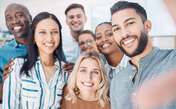 Selfie, smile and employees working at a corporate company together in an office at work. Face portrait of happy, excited and business workers with a photo during professional collaboration as a team