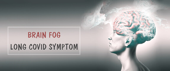 Brain fog, long covid symptom,  illustration of a man with a brain, problems after Covid-19...