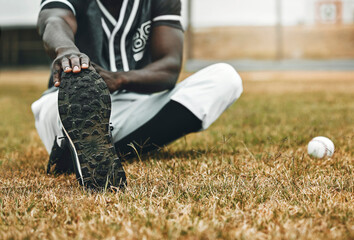 Baseball player, stretching legs and athlete black man on sports field doing warm up exercise,...